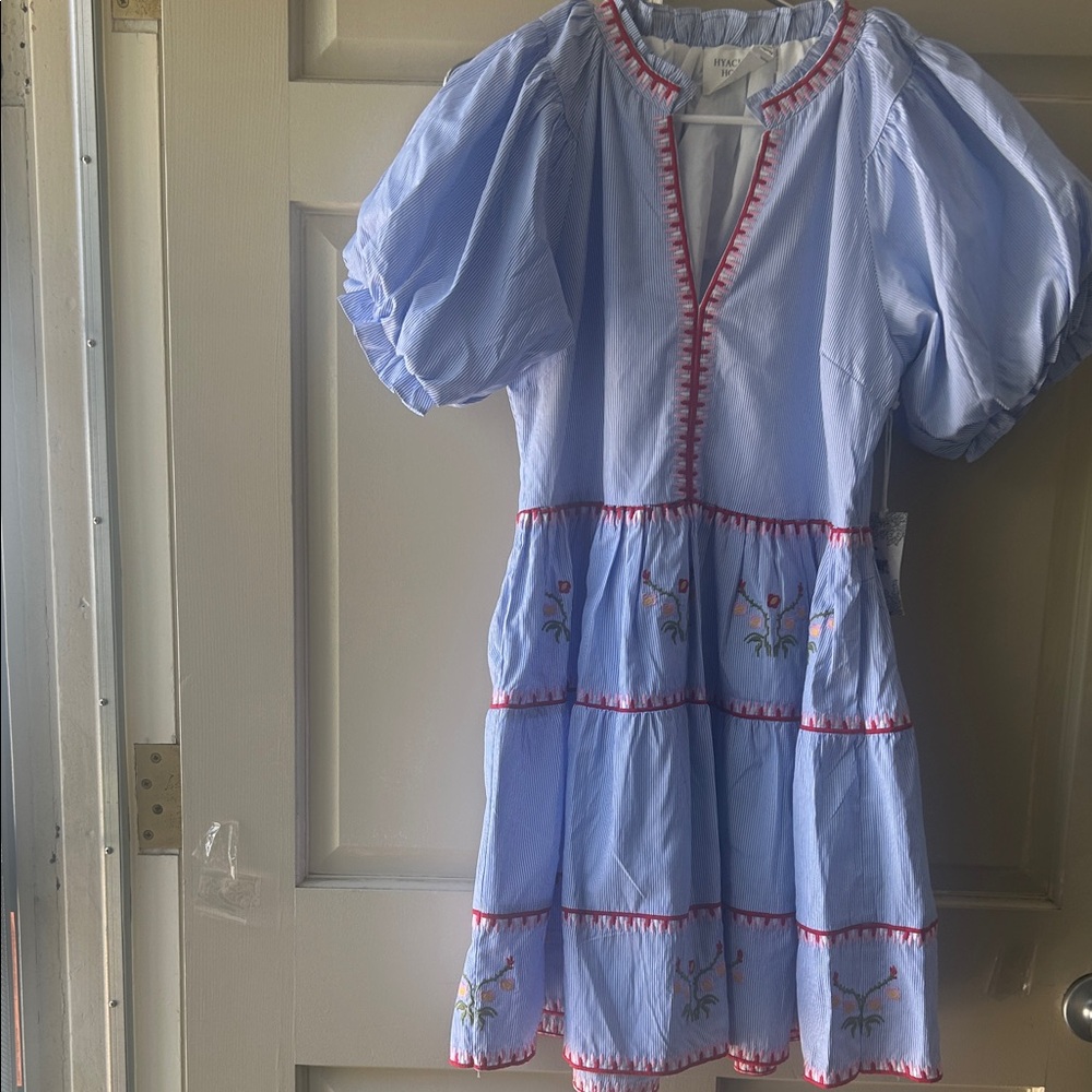Light Blue Embroidered Tiered Casual Dress with Pink Trim - Picture 1 of 14